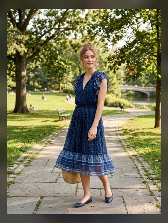 Aqua Dresses & Skirts - Aqua Women’s Navy Blue Ruffle-Sleeve Midi Dress, NWOT